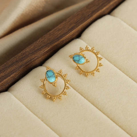 Französisch Vintage Titanstahl 18 Karat Vergoldet Sonnenmotiv Türkis Ohrstecker Bohemian Geometrische Naturstein Schmuck Für Damen