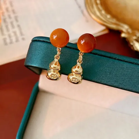 Vintage Gourd Hulu Dangle Earrings With Copper Acrylic Beads And Silver Earring Post Retro Ethnic Style Jewelry
