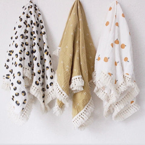 Baby Swaddle Blanket Muslin Cotton Double Layer Breathable Tassel Fringe Stroller Cover Soft Wrap Infant Toddler