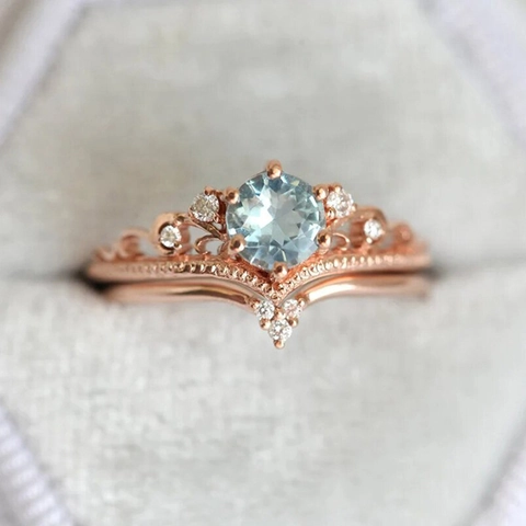 Crown Ring Set Vintage Round Blue Zircon Copper Stackable V-Shape Luxury Royal Jewelry For Women