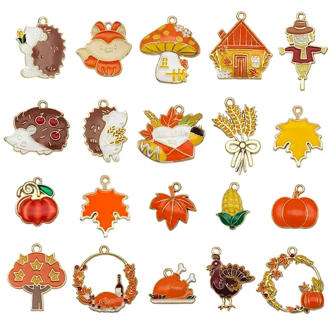 Thanksgiving Charms Pendants Alloy Enamel Autumn Maple Leaf Pumpkin Turkey For DIY Jewelry Making Crafts