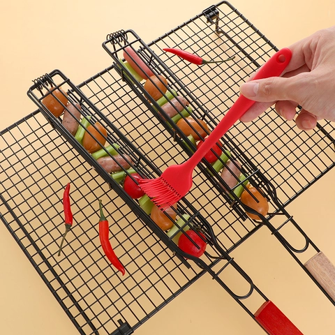 Gabbia Per Griglia Barbecue Portatile Manico In Legno Cesto In Rete Metallica Per Campeggio All Aperto Picnic Barbecue