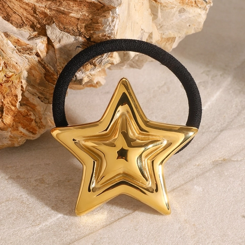 Coletero con Dije de Estrella de Acero Inoxidable Dorado Acabado Espejo Pentagrama Goma de Pelo Elástica Accesorios para el Cabello