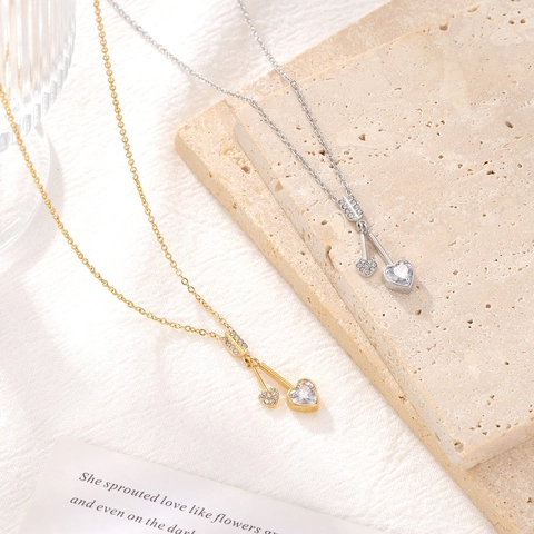 Koreanischer Stil Herz Anhänger Halskette Titanstahl Gold Silber Strass Cupido Pfeil Süß Schmuck Für Damen Geschenk