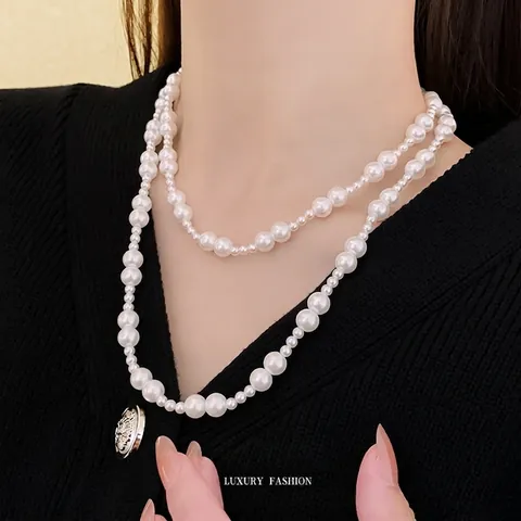 Collana Di Künstliche Perle Artificiali A Strati Per Donna Catena Lunga Per Maglione Con Chiusura OT Dorata Stile Coreano Retrò Gioielli In Lega
