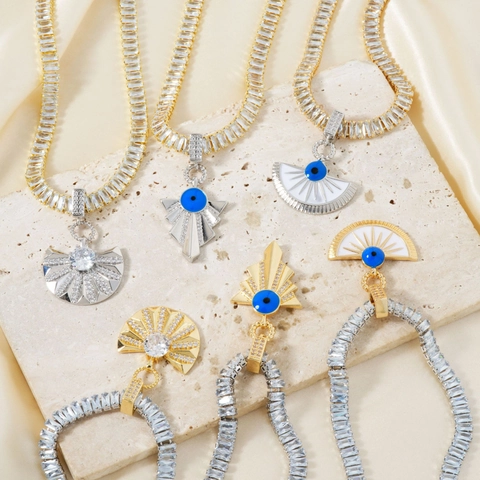 Collier avec Pendentif Mauvais Œil en Cuivre et Zirconia Hip Hop Rétro Éventail Géométrique Chaîne Tennis Bijoux Femme