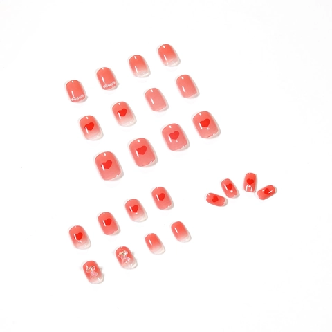 Press On Nails Pink Red Gradient Sweet Relief Heart Bear Decorative Artificial Fingernails Women Fake Nails
