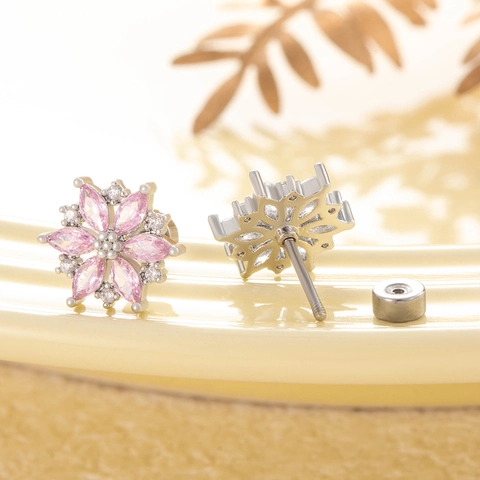 Orecchini A Lobo Con Fiori In Zircone Con Vite In Acciaio Al Titanio Retro Piatto Piercing Labret Per Donna