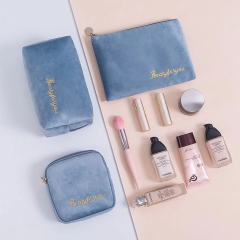 Velvet Makeup Bag Portable Cosmetic Pouch Large Capacity Travel Toiletry Storage Organizer With Gold Embroidery For Women