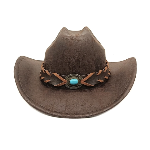 Chapeau De Cowboy Occidental Similicuir Polyester Bande Tressée Turquoise Large Bord Rétro Pare-soleil Extérieur Femmes Hommes