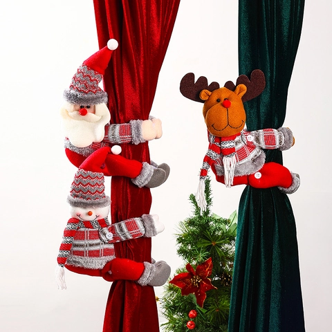Christmas Curtain Buckle Santa Claus Snowman Reindeer Tieback Fabric Plush Window Decoration Holiday Home Party Ornament Gift