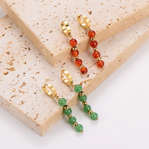 Vintage Palace Style Beaded Drop Earrings For Women 304 Stainless Steel Hoop Natural Stone Beads Retro Elegant Jewelry