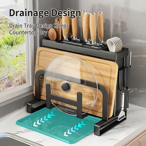 Multifunctional Kitchen Organizer Rack Carbon Steel Knife Holder Pot Lid Cutting Board Stand Countertop Wall Mounted Drainage