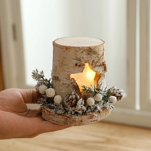 Weihnachts-Holz-Baumstumpf-Tischlampe Stern-Hohl-LED-Desktop-Ornament Birkenrinde Rustikale Wald-Feiertags-Nachtlicht