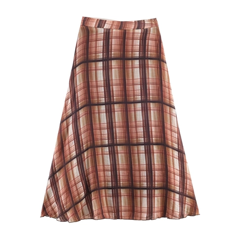 High Waist A-Line Plaid Midi Skirt For Women Retro Checkered Polyester Autumn Winter Street Style Brown Caramel