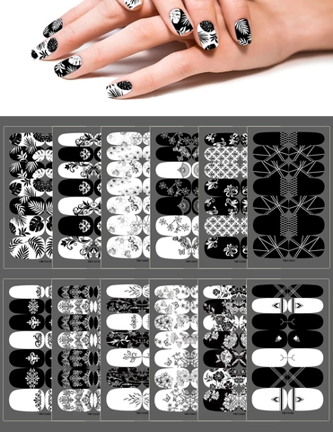 Schwarz Weiß Florale Nagelaufkleber Full Wrap Nail Art Decals Wasserdichte Geometrische Blumen DIY Maniküre Für Frauen