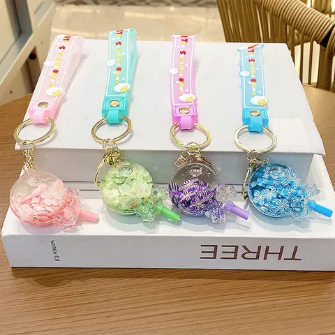 Creative Lollipop Flower Keychain Liquid Quicksand Bag Pendant Silicone Wristband Acrylic Cute Girls Gift Accessory