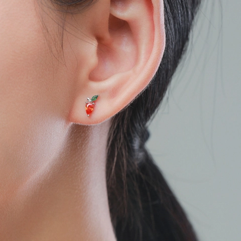 Cute Carrot Stud Earrings 925 Sterling Silver Orange Green Cubic Zirconia Creative Fruit Jewelry For Women Girls