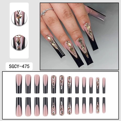 Extra Long Square Press On Nails Black French Tip Rhinestone Encrusted Fashion False Finger Nails For Women