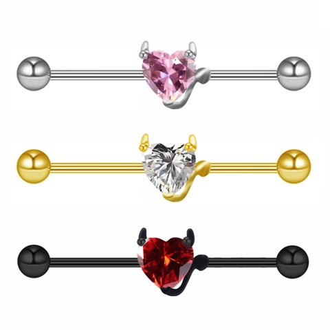 316L Stainless Steel Industrial Barbell Earring Heart Devil Wings Zirconia Inlaid Ear Cartilage Piercing Jewelry Punk Gothic
