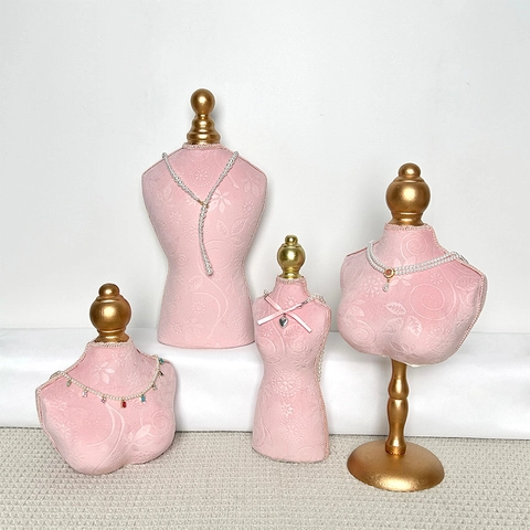 Pink Velvet Mannequin Bust Jewelry Display Stand Portrait Neck Necklace Holder Embossed Floral Desktop Organizer