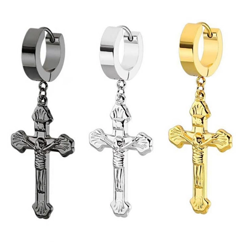 Orecchini A Cerchio Con Ciondolo A Croce Acciaio Inossidabile Crocifisso Religioso Gioielli Huggie Per Uomini Donne Stile Punk