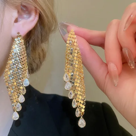 Pendientes Largos Con Borla Vintage Con Circonita Gota De Agua Malla Lentejuelas Joyería De Cobre Para Mujer Silver Earring Post