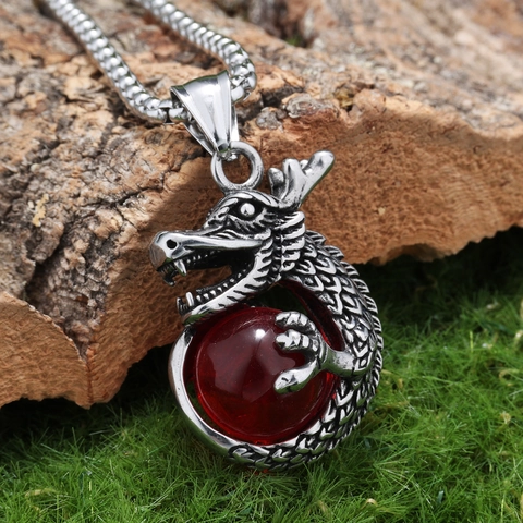 Collana Pendente Drago Con Perla Artificial Rossa Acciaio Inossidabile 316L Gioielli Punk Gotici Per Uomo Stile Vintage