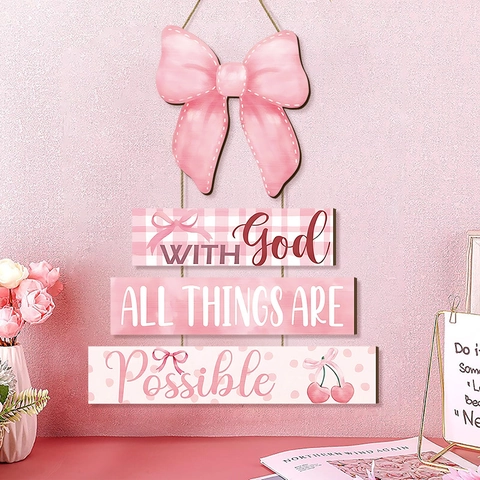 Inspirierende Wanddekoration Aus Holz Rosa Schleife Kirsche Türschild Religiöses Zitat Wandplakette Mädchenzimmer