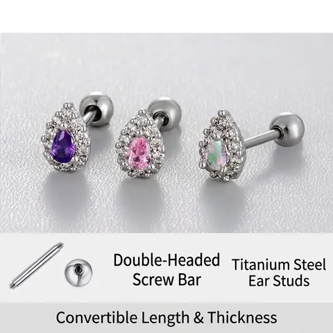 Water Drop Cartilage Stud Earrings Titanium Steel Cubic Zirconia Inlay Ball Screw Back Piercing Jewelry For Women
