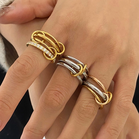 Stainless Steel Stackable Rings For Women Interlocking Chain Design Waterproof Hypoallergenic Fashion Jewelry CZ Inlaid