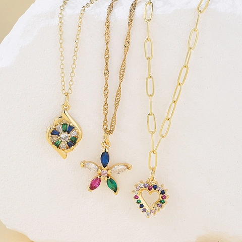 Copper 18K Gold Plated Pendant Necklace With Multi Color Zircon Heart Flower Geometric Light Luxury Jewelry For Women
