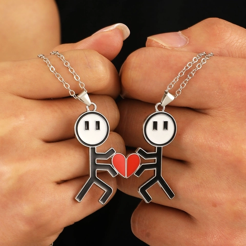 Cartoon Strichmännchen Magnetische Pärchen Halskette Legierung Herz Anhänger Emaille Passende Schlüsselbeinkette Romantisches Geschenk
