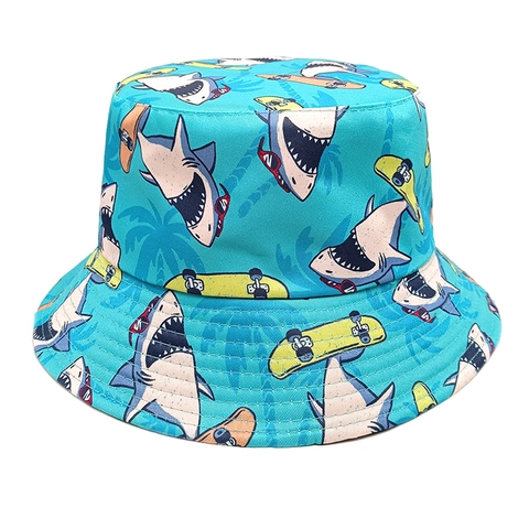Unisex Omkeerbare Vissershoed Polyester Cartoon Haai Print Zonbescherming Ademend Outdoor Retro Mode