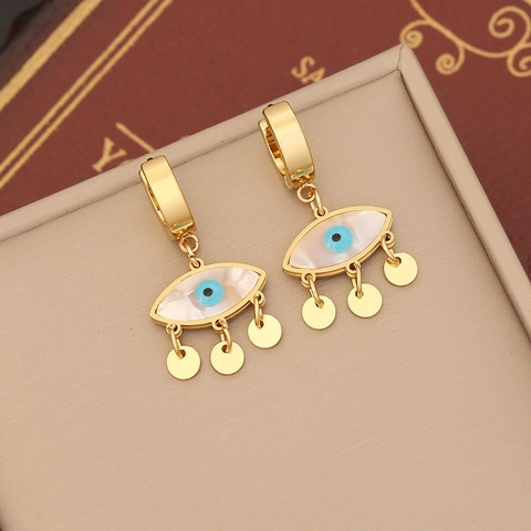 Evil Eye Dangle Hoop Earrings Stainless Steel Gold Plated Enamel Hamsa Hand Shell Bohemian Jewelry For Women