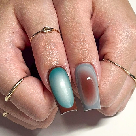 French Cat Eye Fake Nails Long Square Shape Marble Pattern Artificial Nails For Women