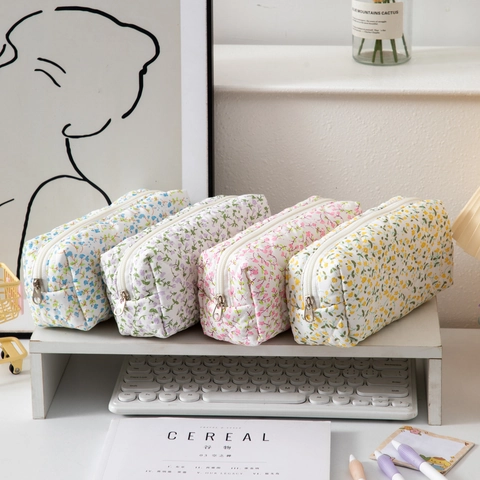 Floral Quilted Pencil Case Large Capacity Portable Polyester Zipper Storage Bag Stationery Pouch For School Office