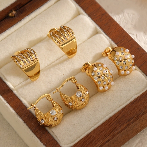 Orecchini A Cerchio Geometrici Placcati In Oro Acciaio Inossidabile 304 Micro Intarsiato Zircone Perla Artificial Sintetica Gioielli