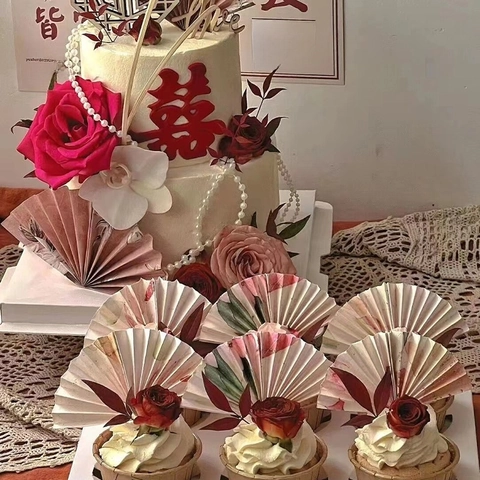 Chinese Wedding Cake Decoration Red Double Happiness Topper Cupcake Liner Silicone Mold Artificial Flower For Celebration