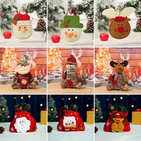 Christmas Drawstring Gift Bags 3D Santa Snowman Reindeer Design Burlap Flannel Knitted Fabric Holiday Party Candy Packaging