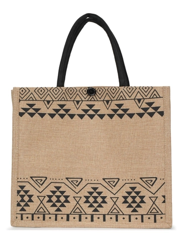 Ethnic Jute Tote Bag Large Capacity Burlap Handbag With Geometric Pattern And Button Closure For Women Bohemian Style