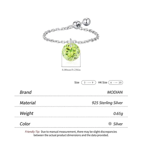 925 Sterling Silver Adjustable Chain Ring Round Green Zircon Pendant Forest Style Jewelry For Women