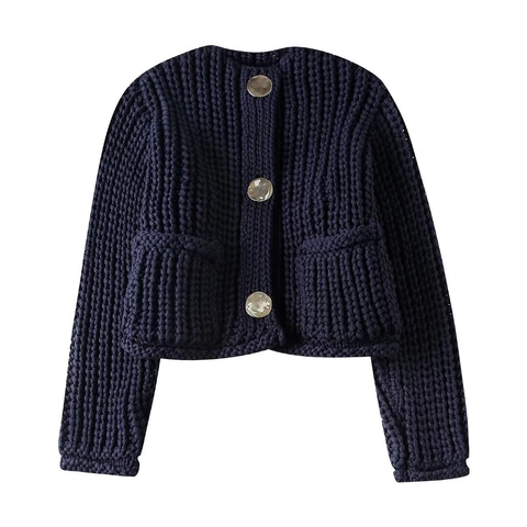 Women Chunky Knit Cardigan Round Neck Button Down Long Sleeve Loose Casual Sweater With Pockets Navy Blue