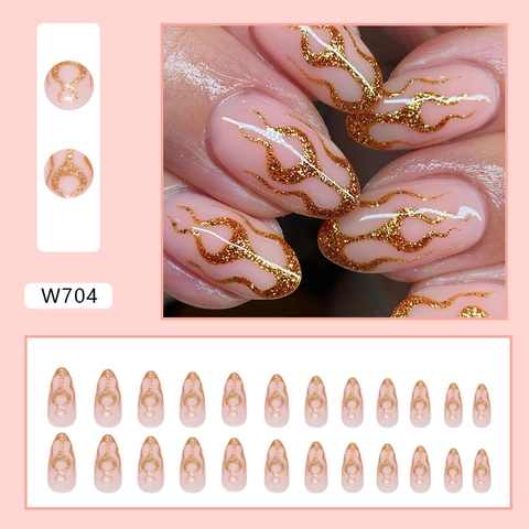 Uñas Postizas De Almendra Rosa Nude Con Patrón De Llama De Purpurina Dorada Uñas Largas Para Mujeres Arte De Manicura