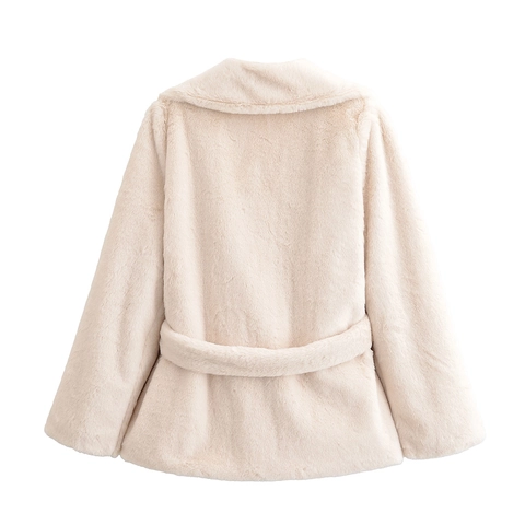 Damen Kunstpelzmantel Mit Gürtel Reverskragen Langarm Warm Winter Außenbekleidung Creme