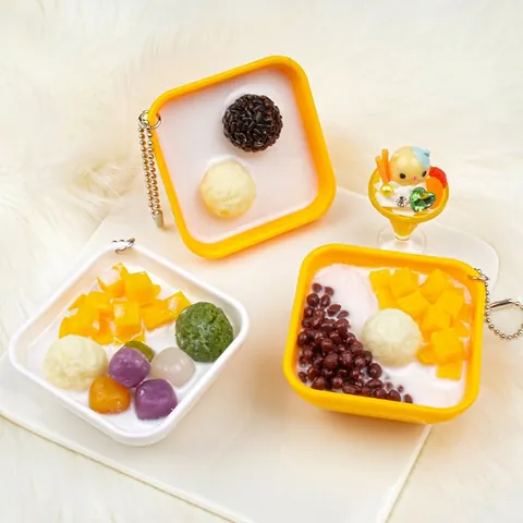 Artificial Dessert Food Model Keychain PVC Miniature Realistic Mango Sago Taro Ball Grass Jelly Bag Pendant Gift