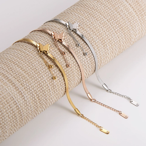 Pulsera De Cadena De Serpiente Con Borla De Mariposa Acero Inoxidable Chapado En Oro 18K Ajustable Joyería De Moda Mujer