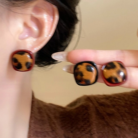 Leopard Print Acrylic Stud Earrings Geometric Square Triangle With 925 Sterling Silver Earring Post Retro Vintage Women Fashion