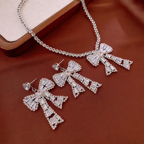 Collar Y Pendientes De Lazo De Lujo Para Mujer Joyas Cobre Circonita Pedrería Con Perno De Plata Chic