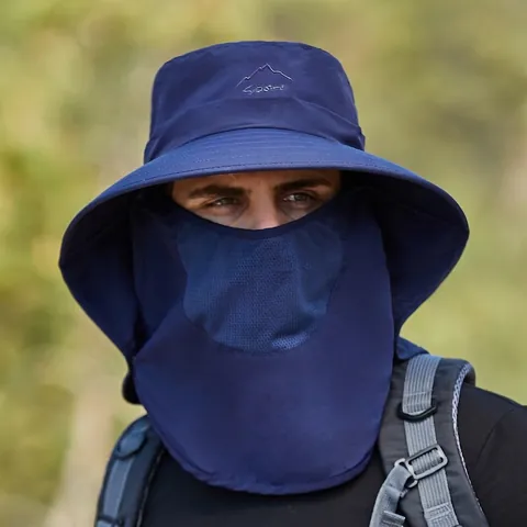 Men Outdoor Sun Hat With Neck Flap Face Mask Wide Brim Nylon Quick Dry UV Protection Hiking Fishing Breathable